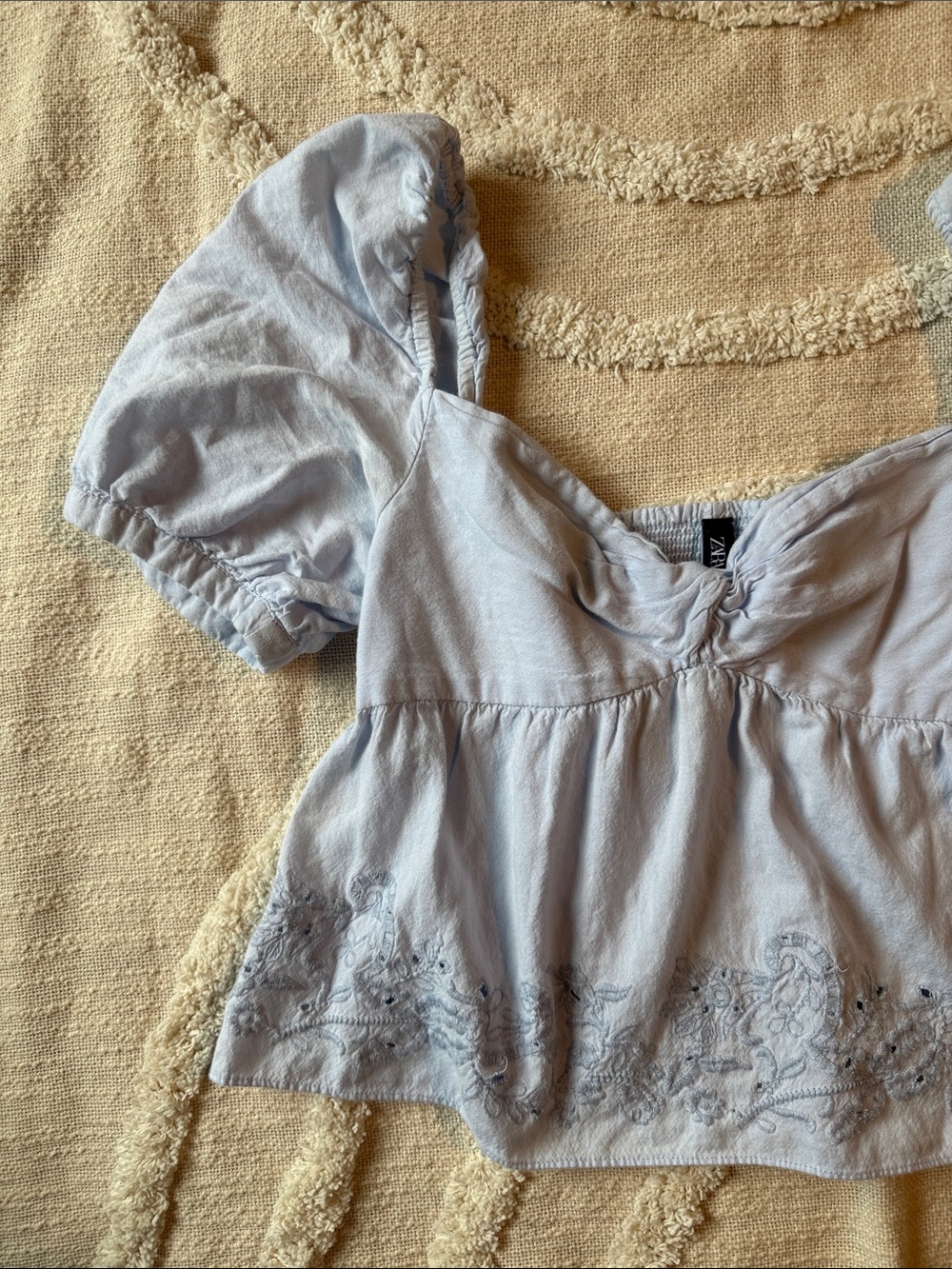 Zara Light Blue Puff Sleeve Embroidered Peplum Top